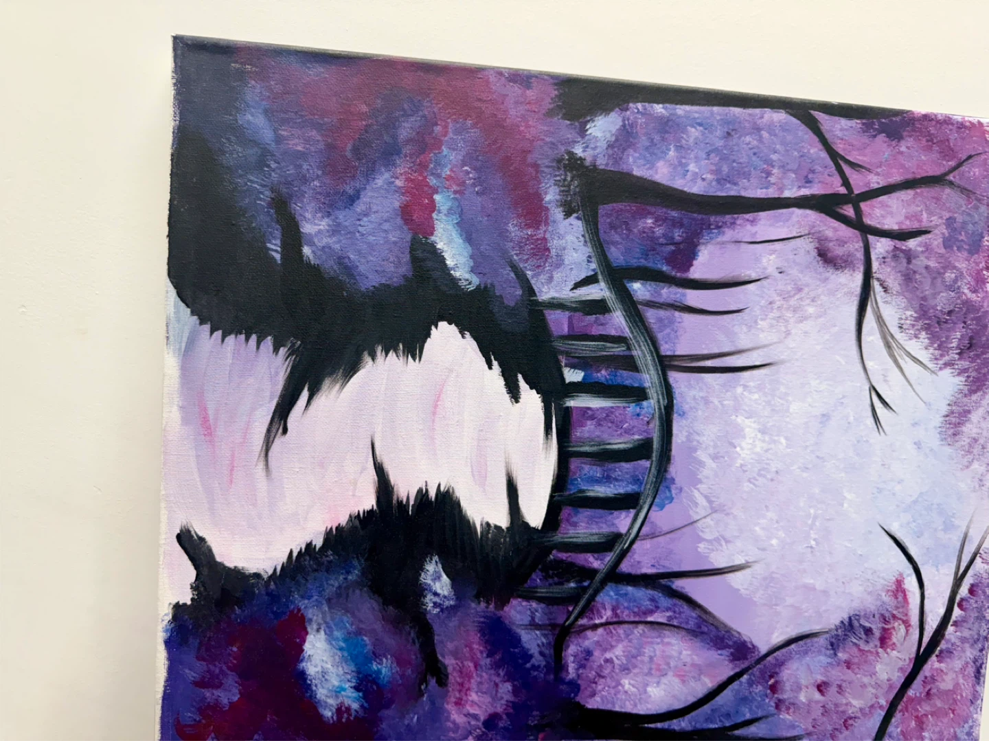 Two Handmade Paintings: Birds at Sunset and Purple Abstract - photo 3
