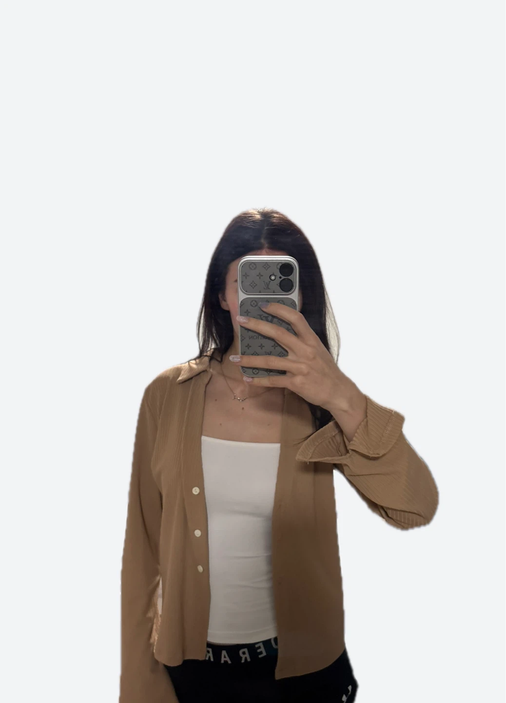🧡Bershka Ribbed Button-Up Collared Shirt - Tan