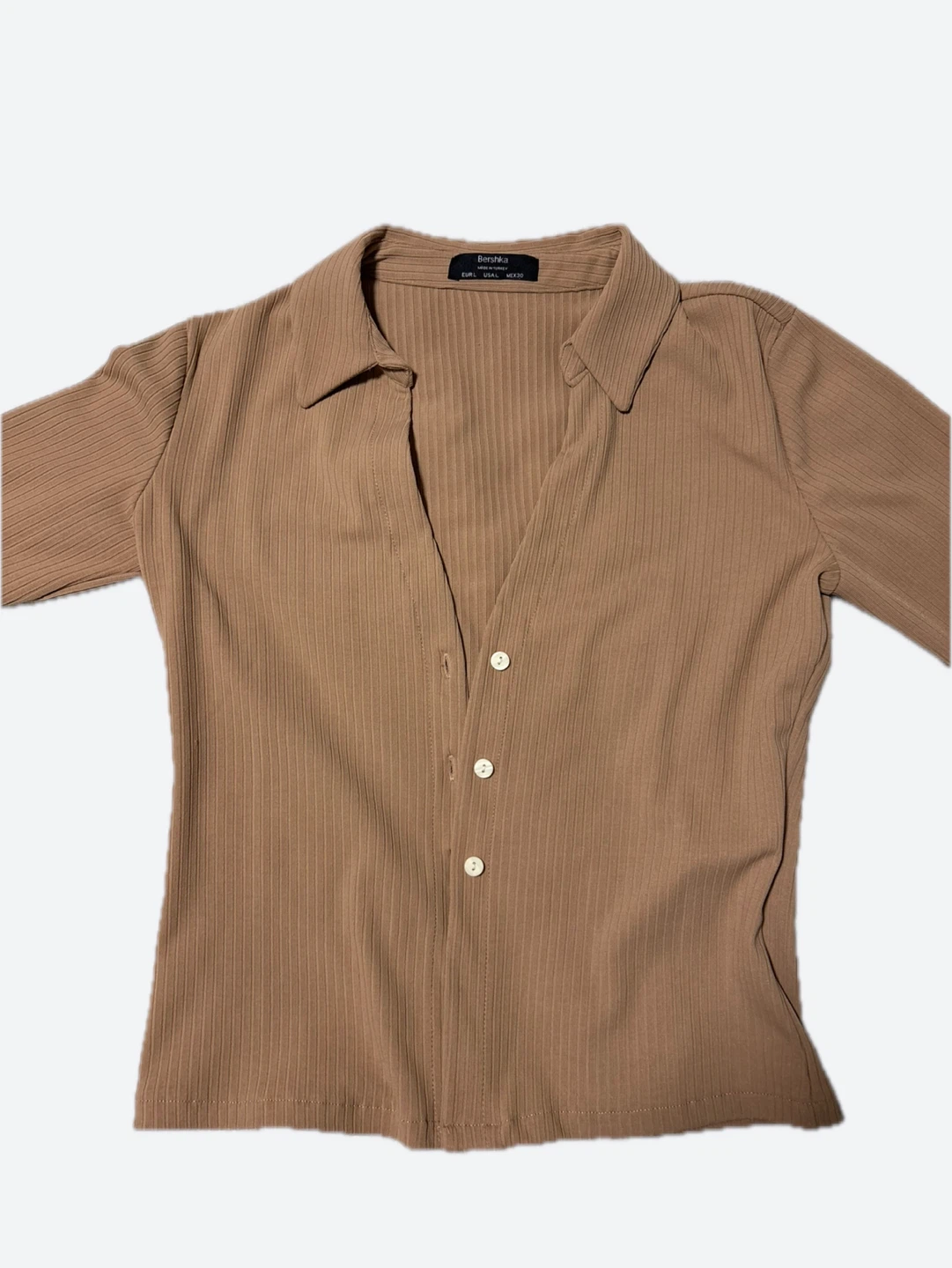 🧡Bershka Ribbed Button-Up Collared Shirt - Tan - photo 3