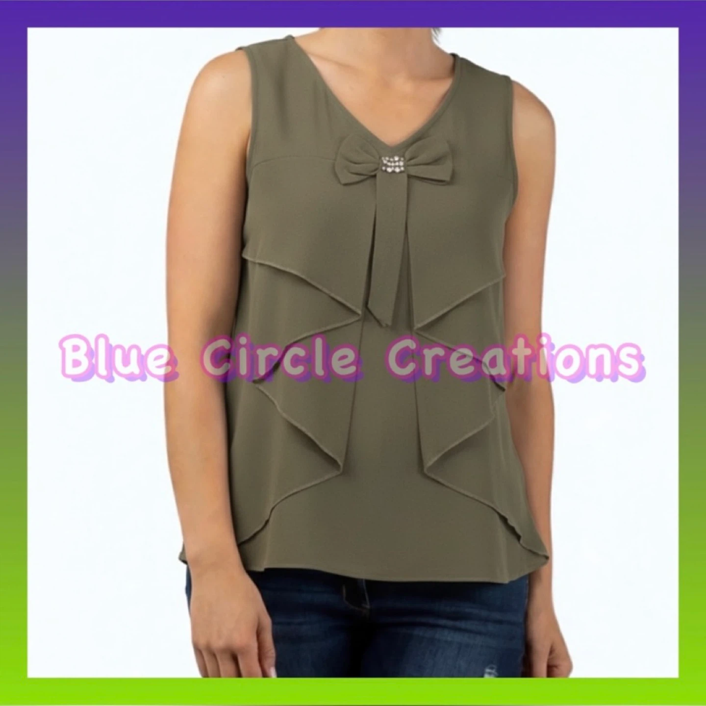 Boutiqua Brand Olive Sleeveless Blouse Ruffles Rhinestones Small