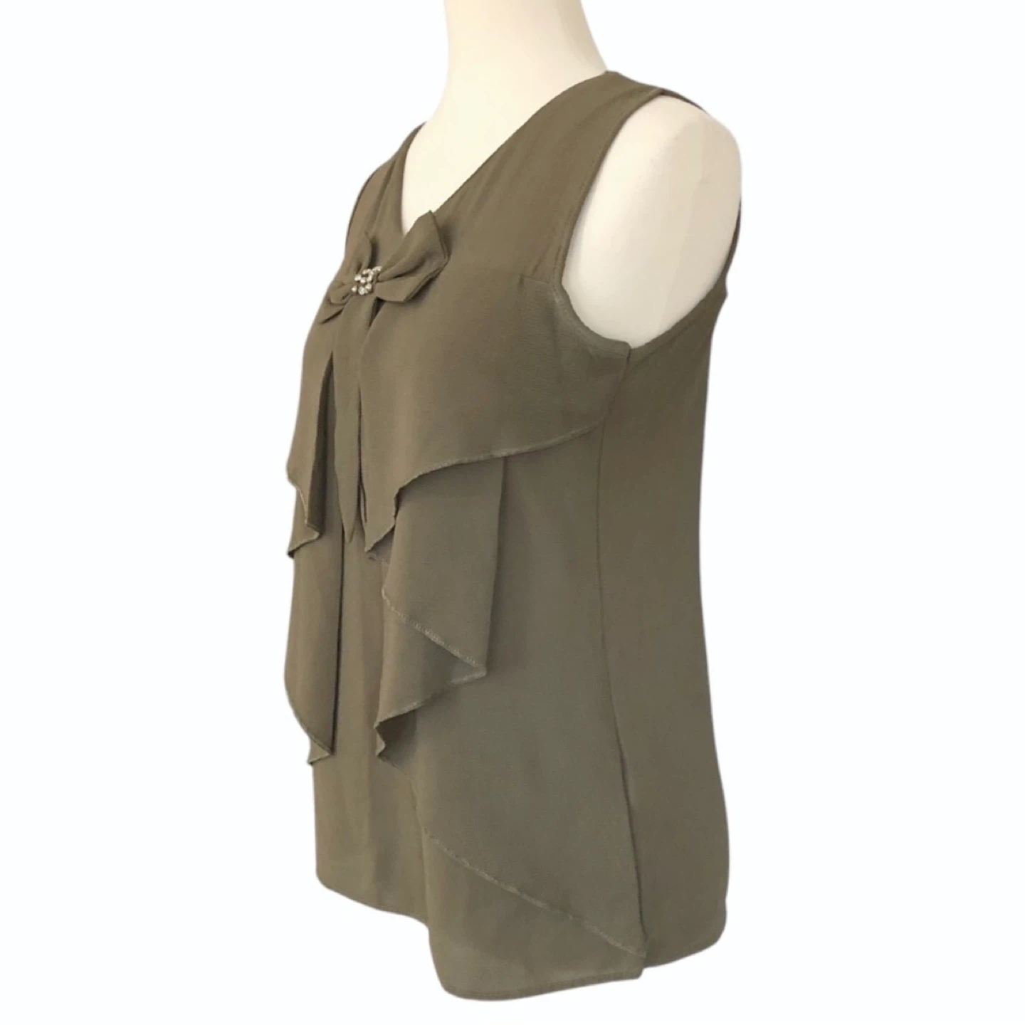 Boutiqua Brand Olive Sleeveless Blouse Ruffles Rhinestones Small - photo 3