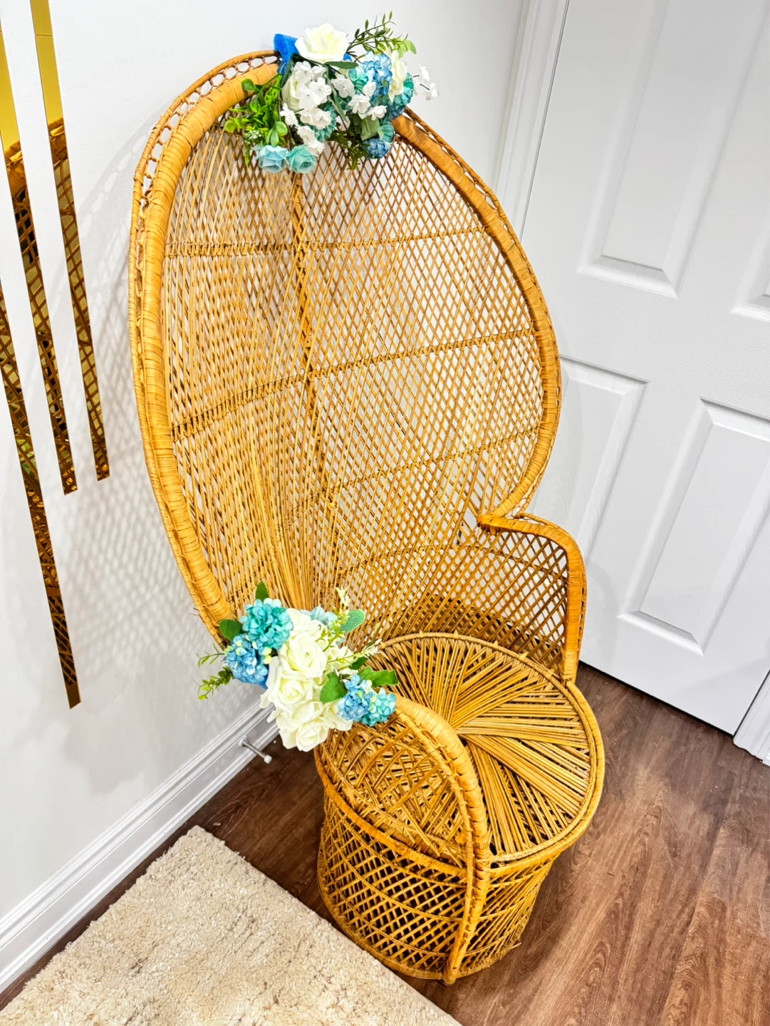 Wicker Peacock Chair with Floral Decor