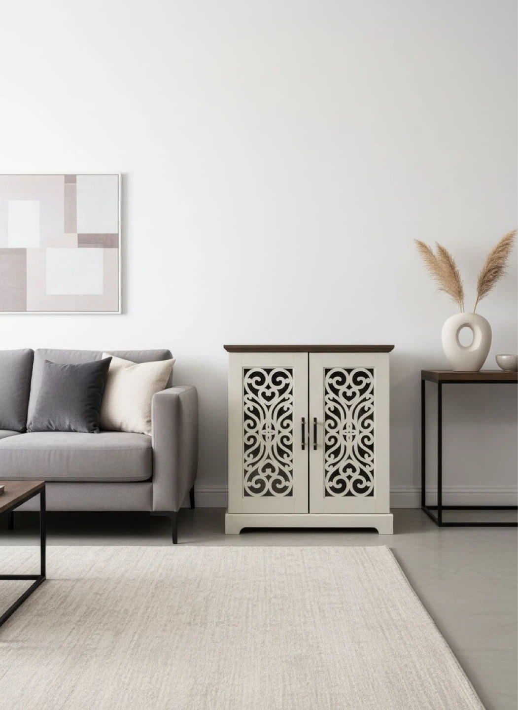 White and Dark Wood Accent Cabinet with Decorative Doors