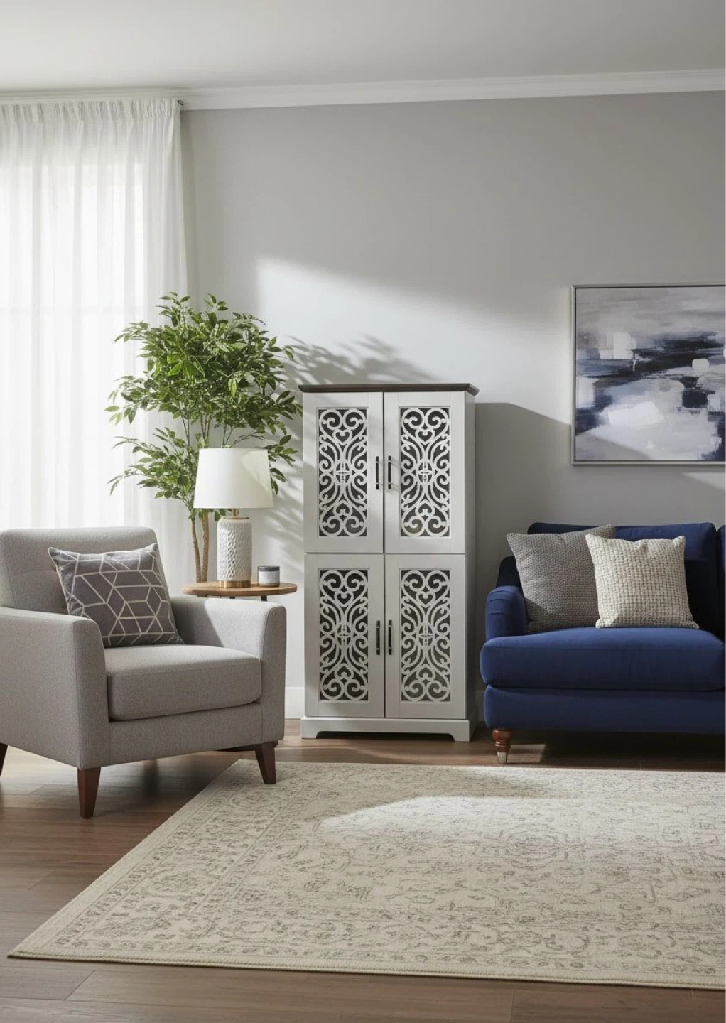 White and Dark Wood Accent Cabinet with Decorative Doors - photo 2