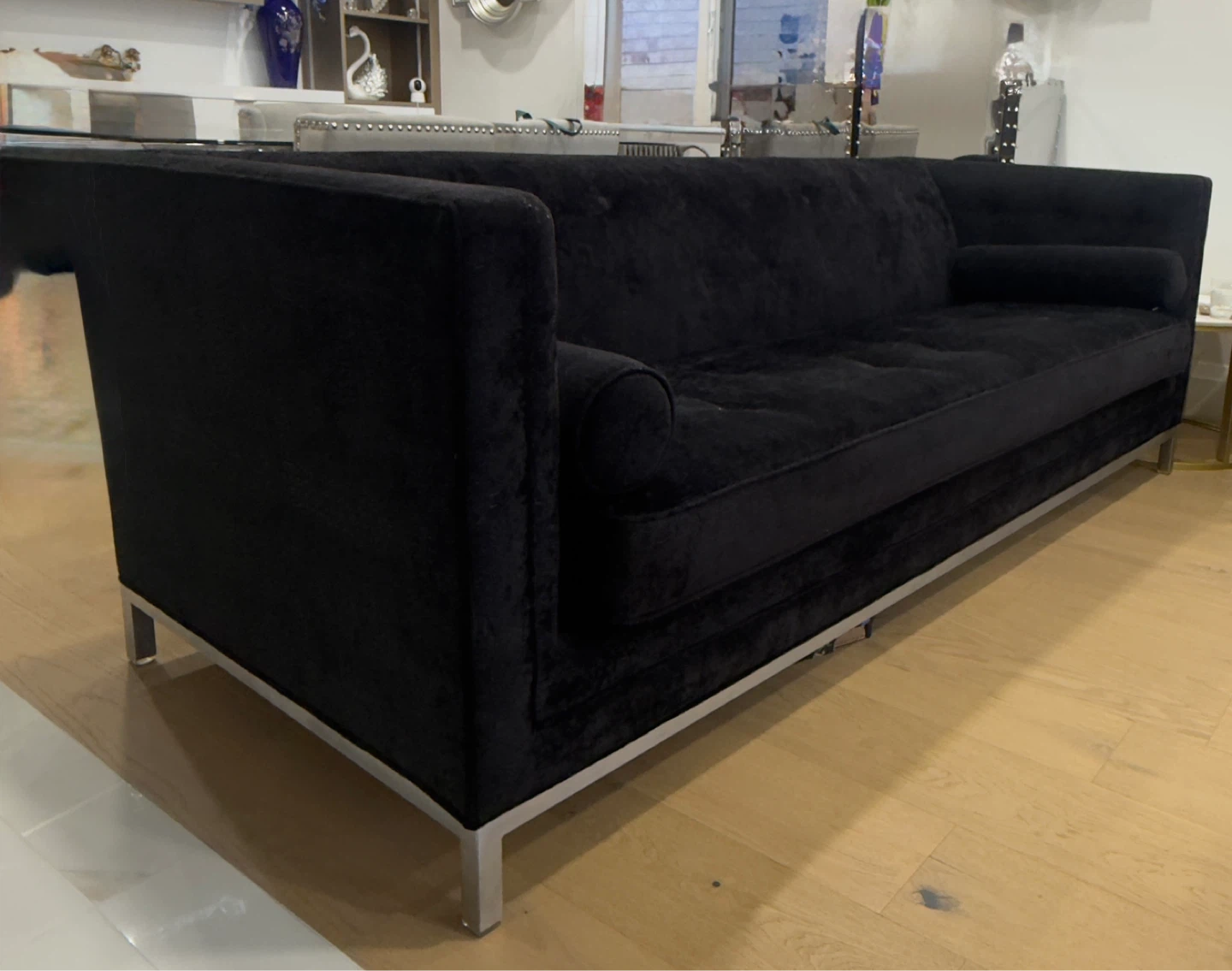 Black Velvet Tufted Sofa with Metal Legs
