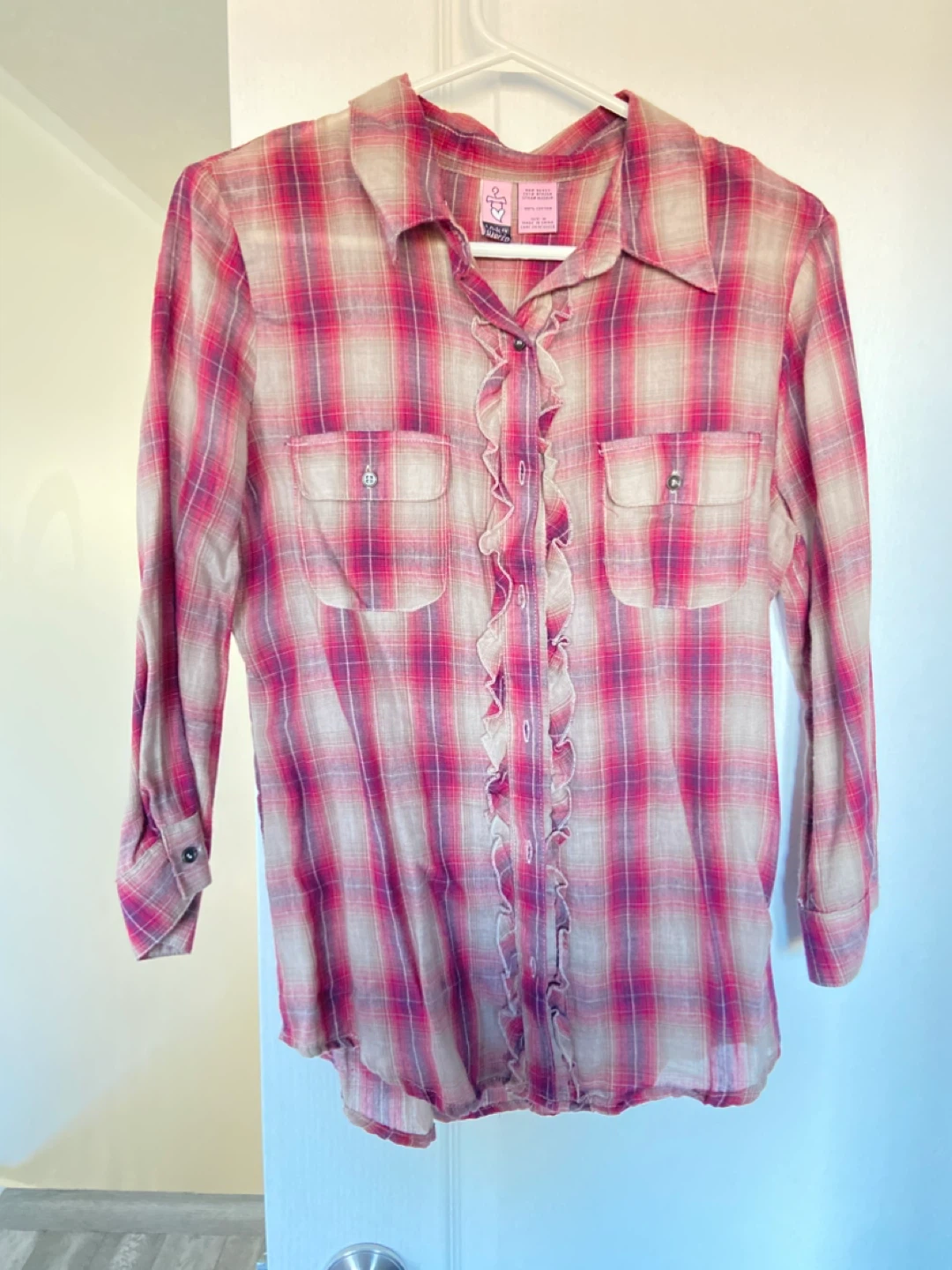 Love on the Run Plaid Ruffled Button-Up Shirt - Size M