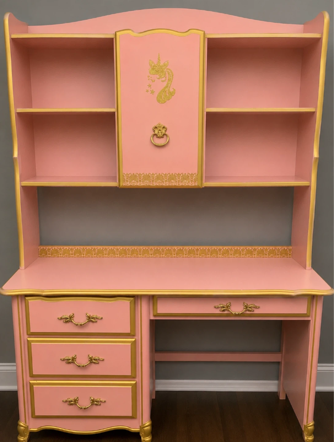 Pink and Gold Unicorn Vanity Desk with Hutch