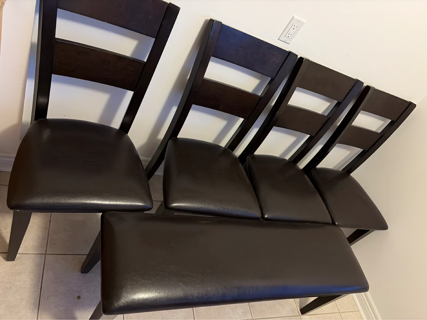 Set of 4 Dark Brown Dining Chairs and 1 Bench