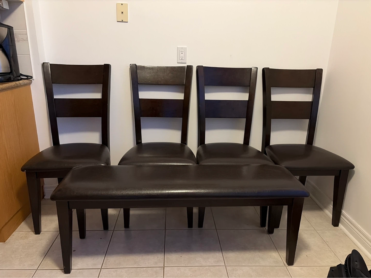 Set of 4 Dark Brown Dining Chairs and 1 Bench - photo 2
