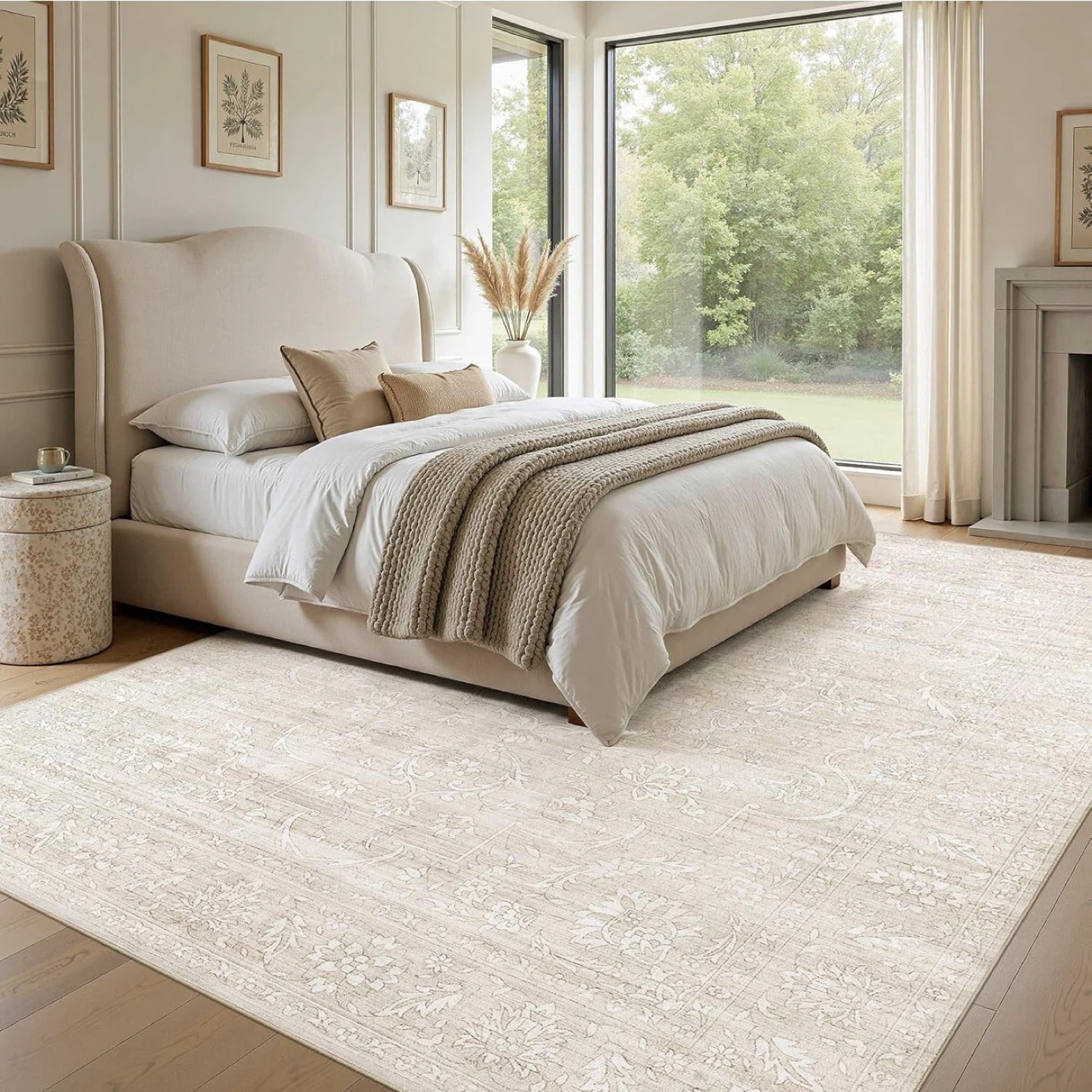 Light Beige Area Rug with Vintage Floral Pattern