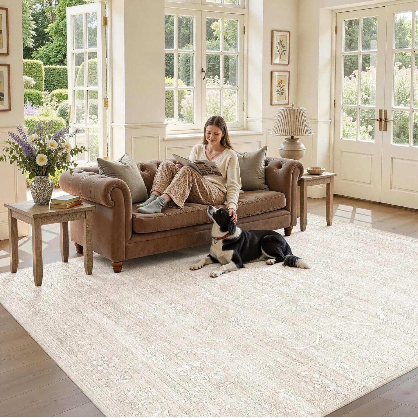 Light Beige Area Rug with Vintage Floral Pattern - photo 2