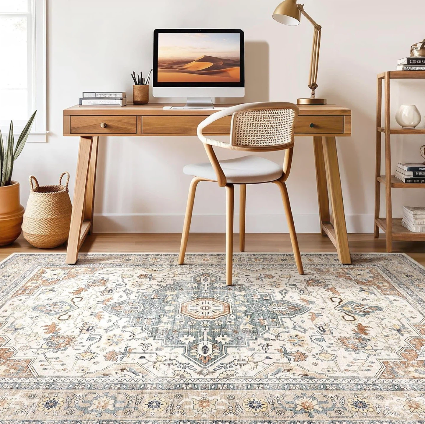 Traditional Medallion Area Rug - Cream, Blue, Brown - photo 5