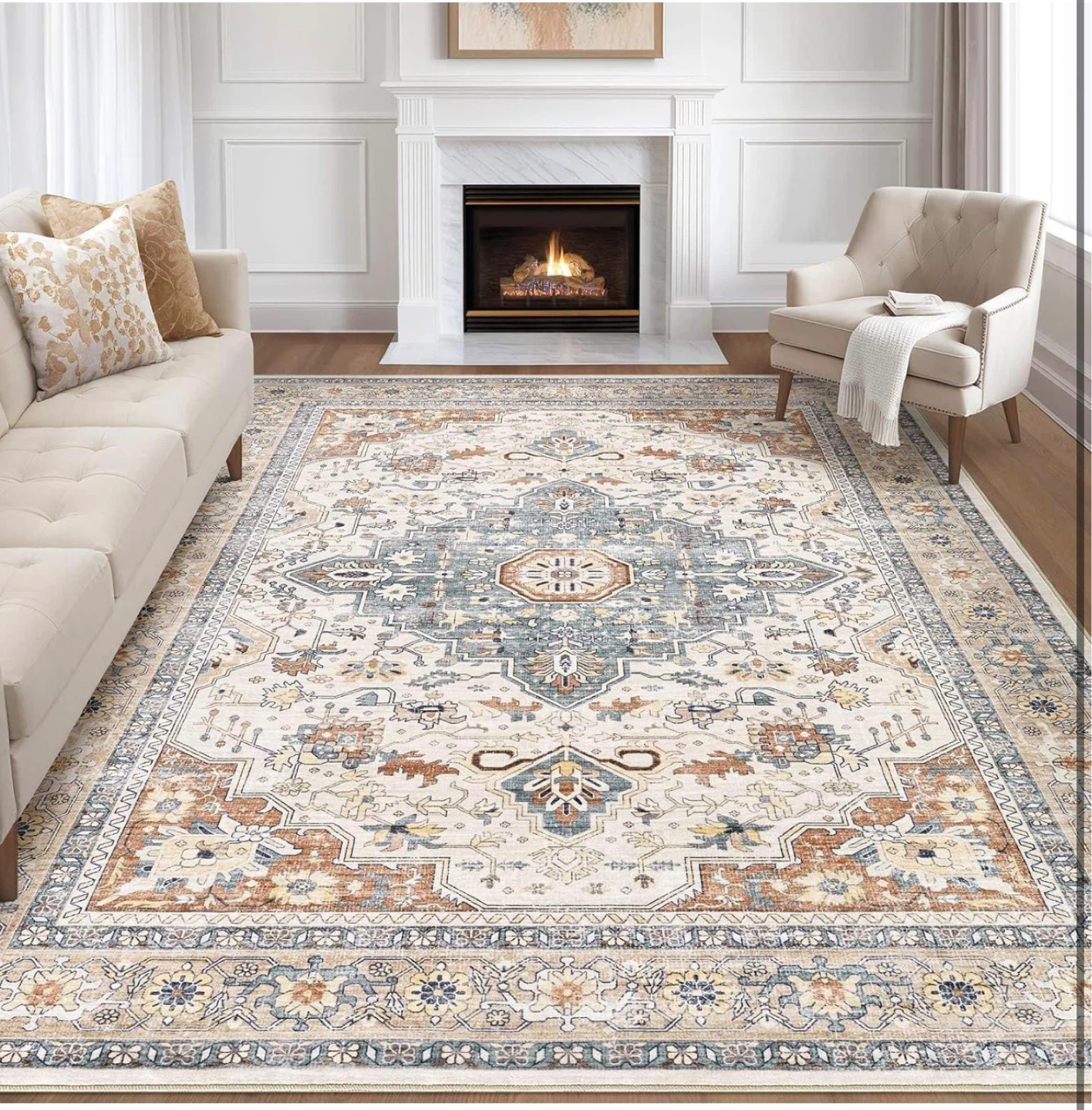 Traditional Medallion Area Rug - Cream, Blue, Brown