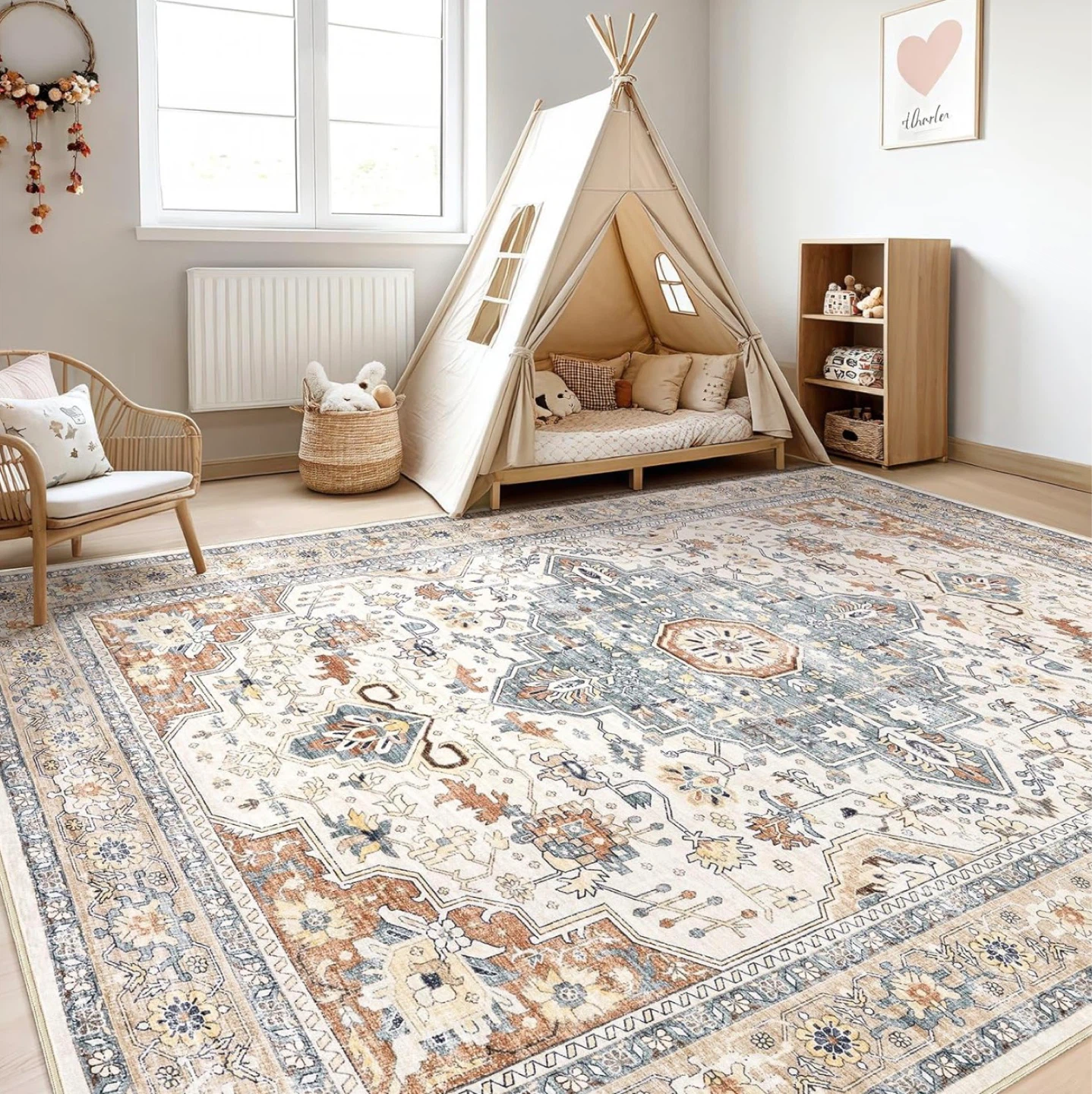 Traditional Medallion Area Rug - Cream, Blue, Brown - photo 4