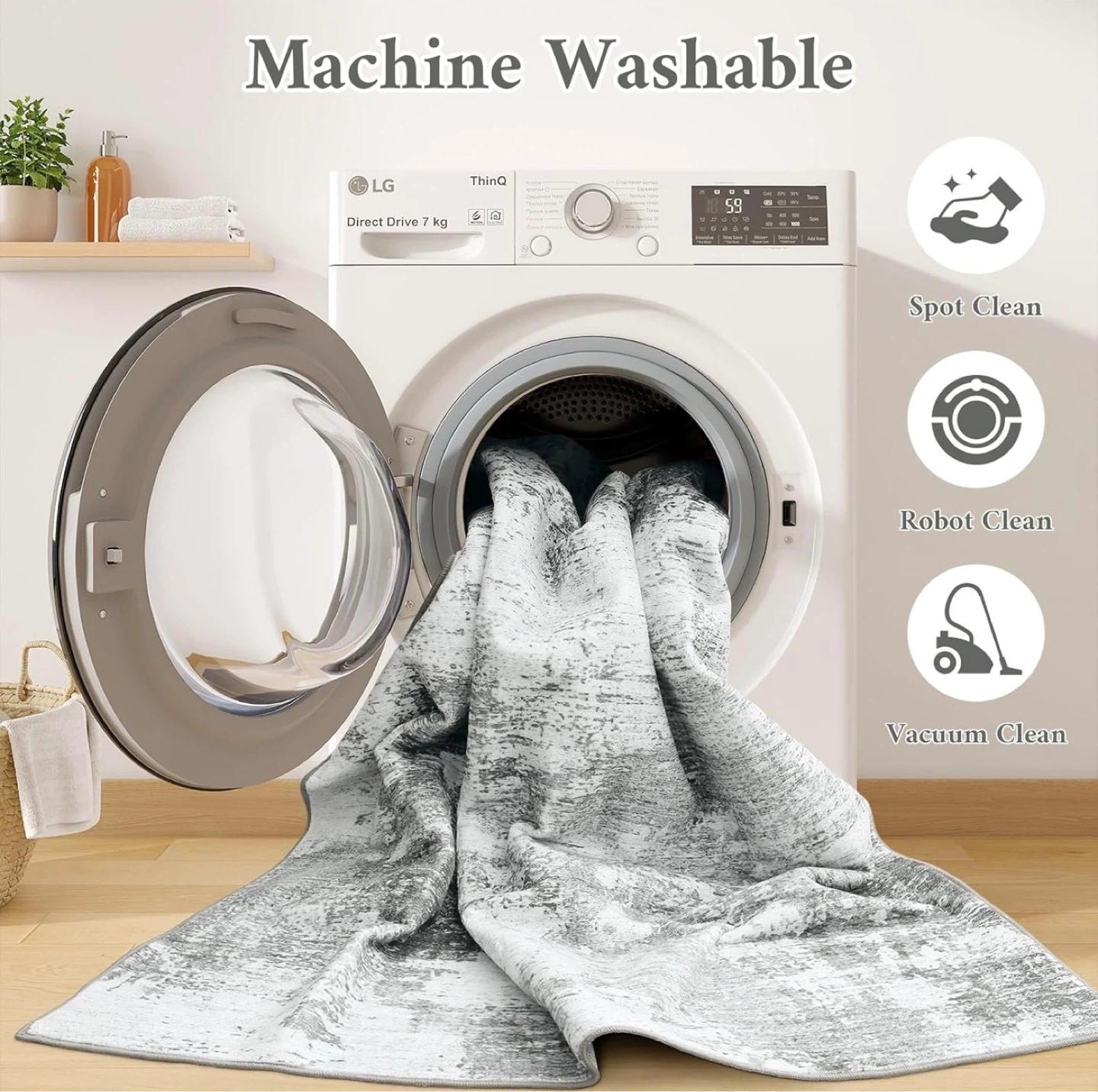 Machine Washable Abstract Area Rug - Grey/White - photo 5