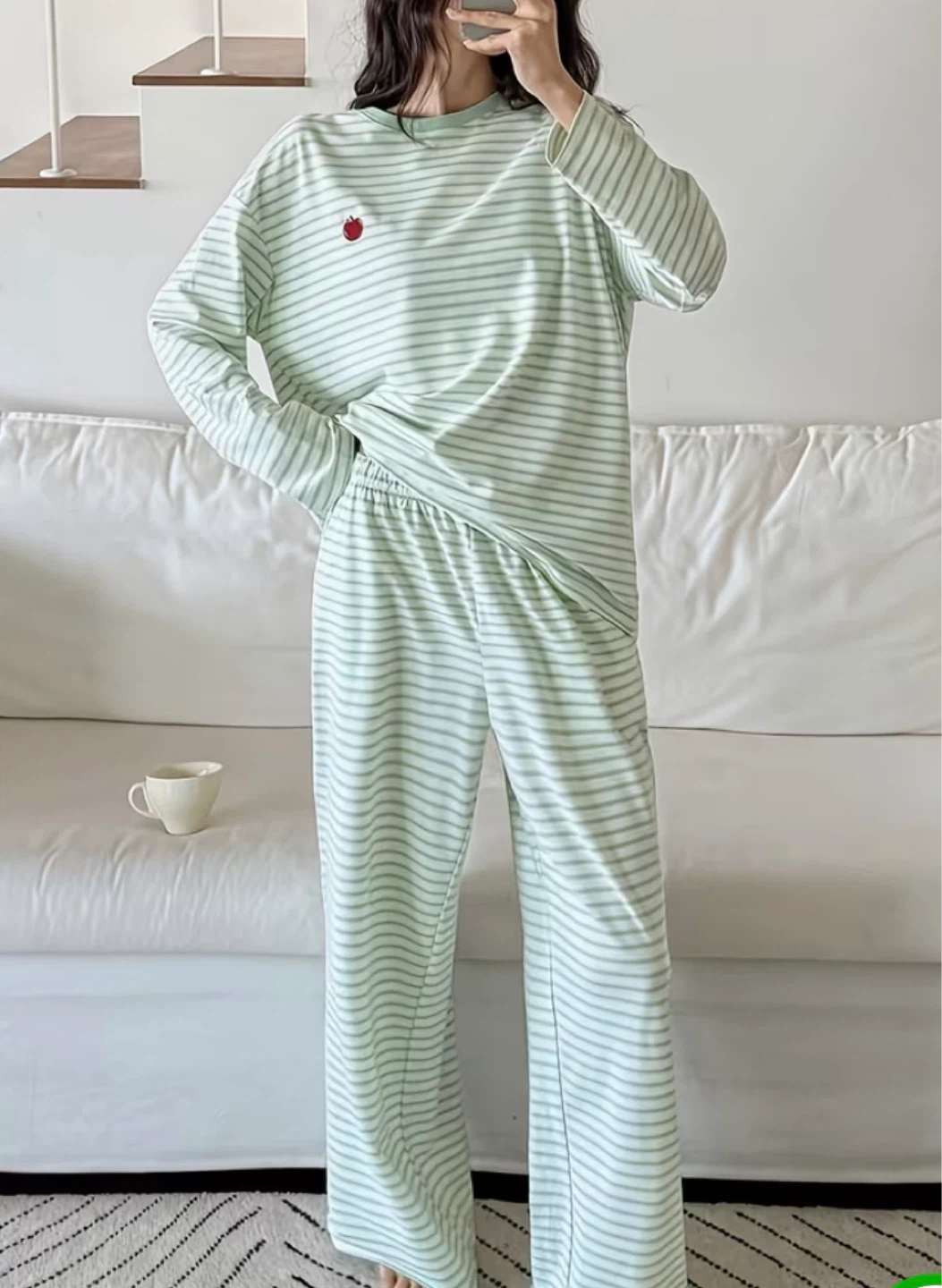 Mint Striped Pajama Set with Strawberry Detail