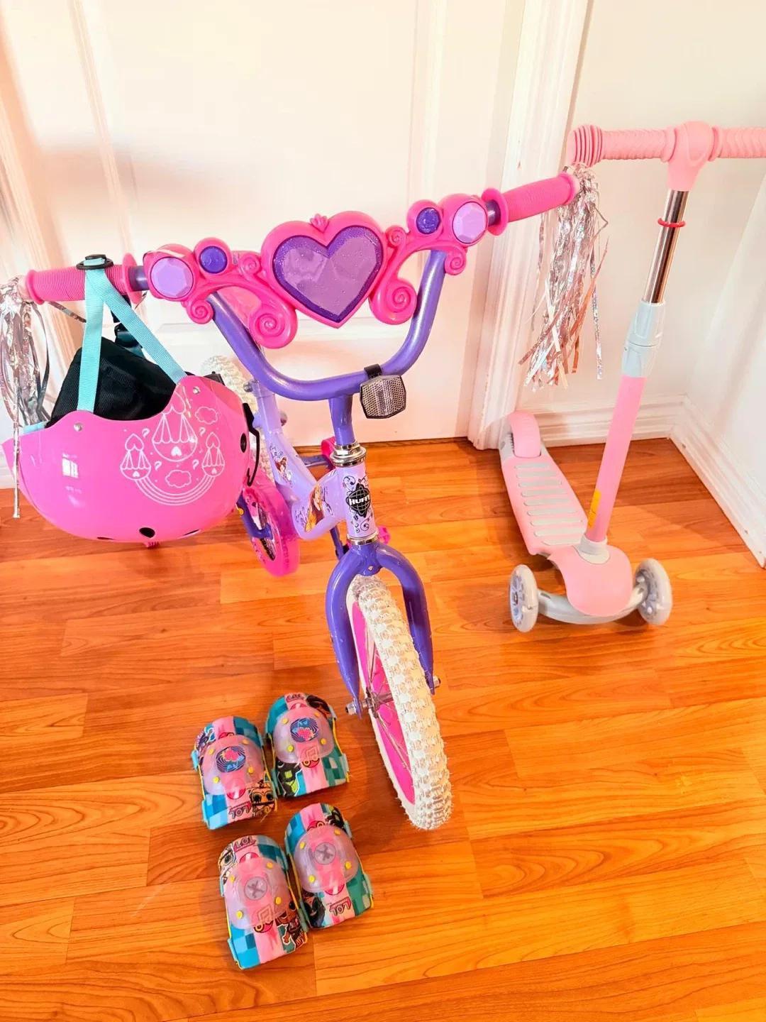 Kids Pink and Purple Bike with Scooter and Protective Gear