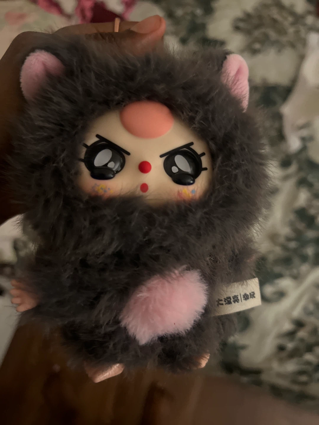 Furry Plush Toy with Pink Ears and Pompom
