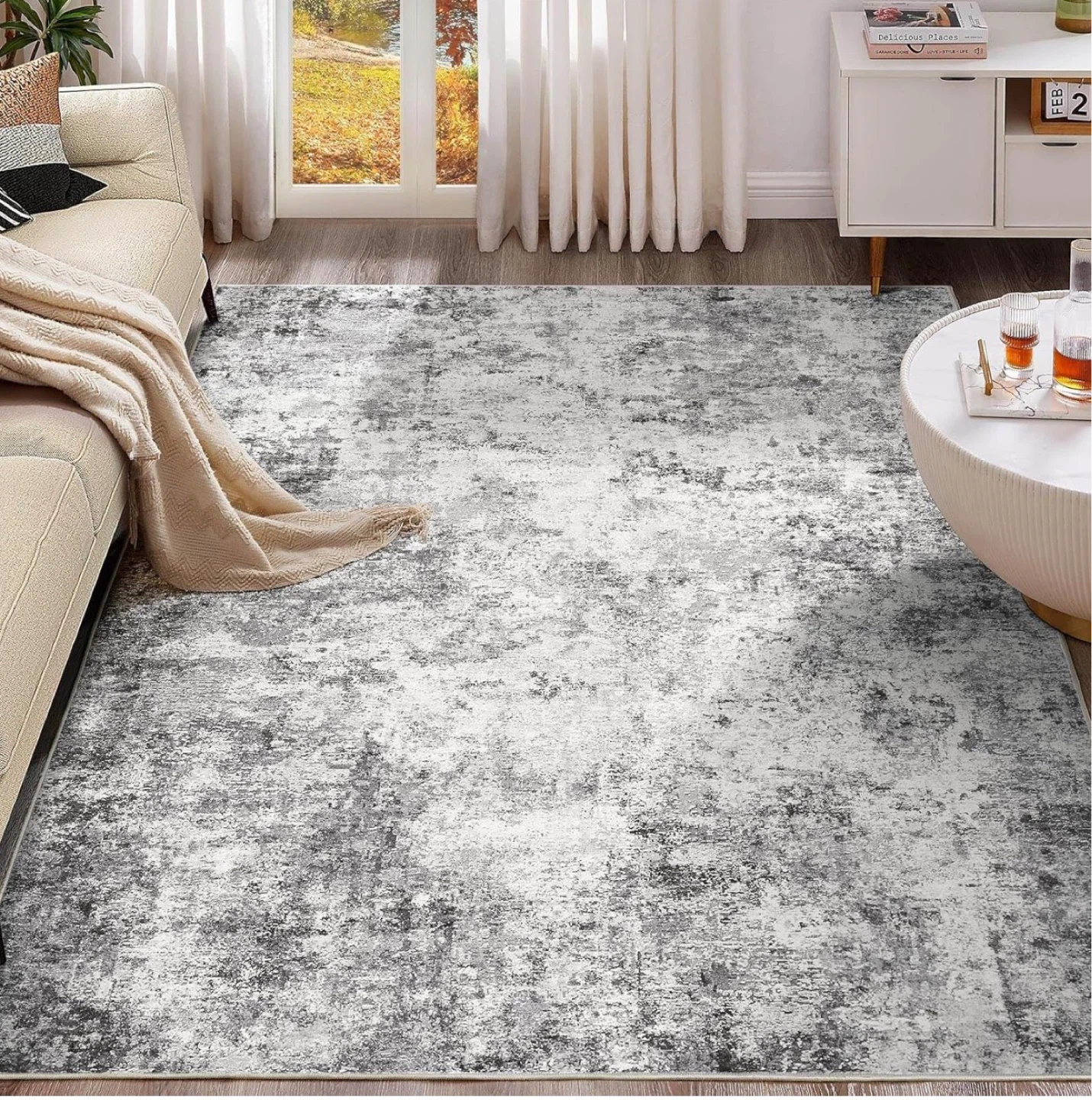 Abstract Area Rug - Grey/White Low Pile
