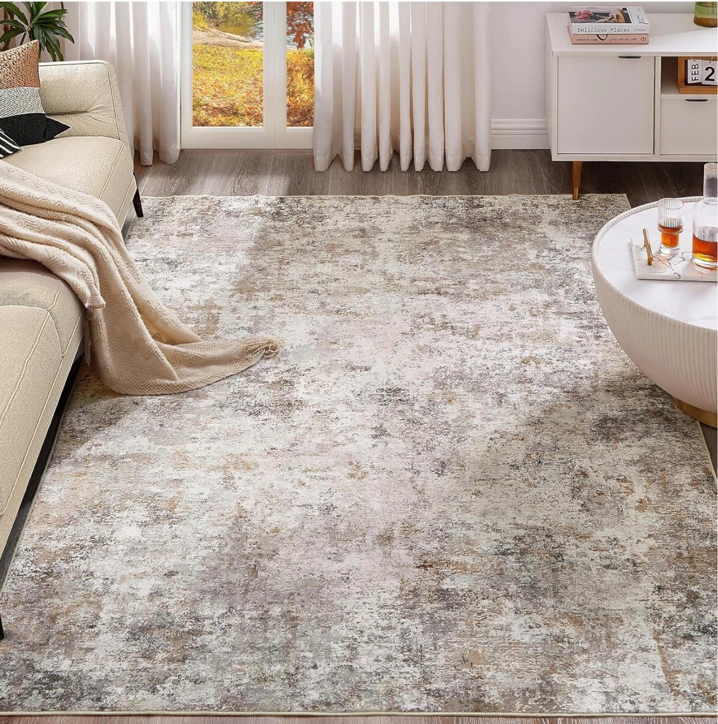 Distressed Abstract Area Rug - Cream and Grey