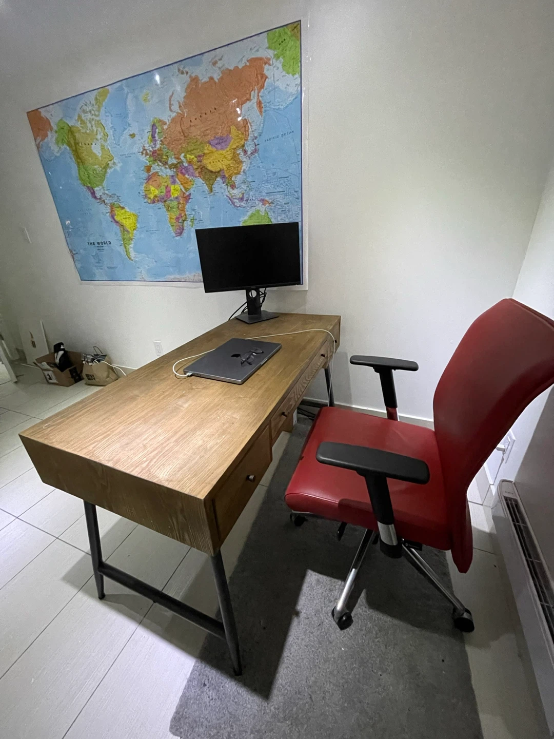 Wooden Desk with Drawers and Red Office Chair