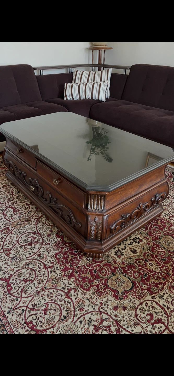 Ornate Wooden Coffee Table with Glass Top - photo 2