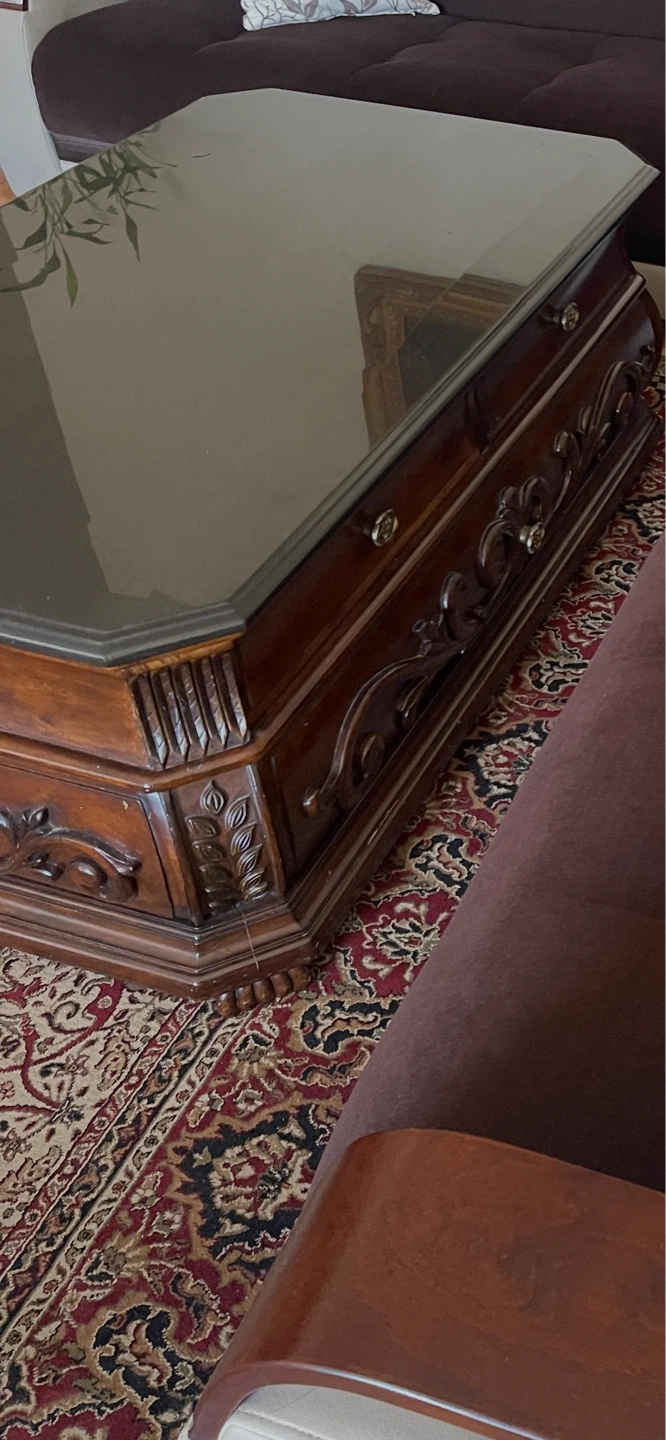 Ornate Wooden Coffee Table with Glass Top