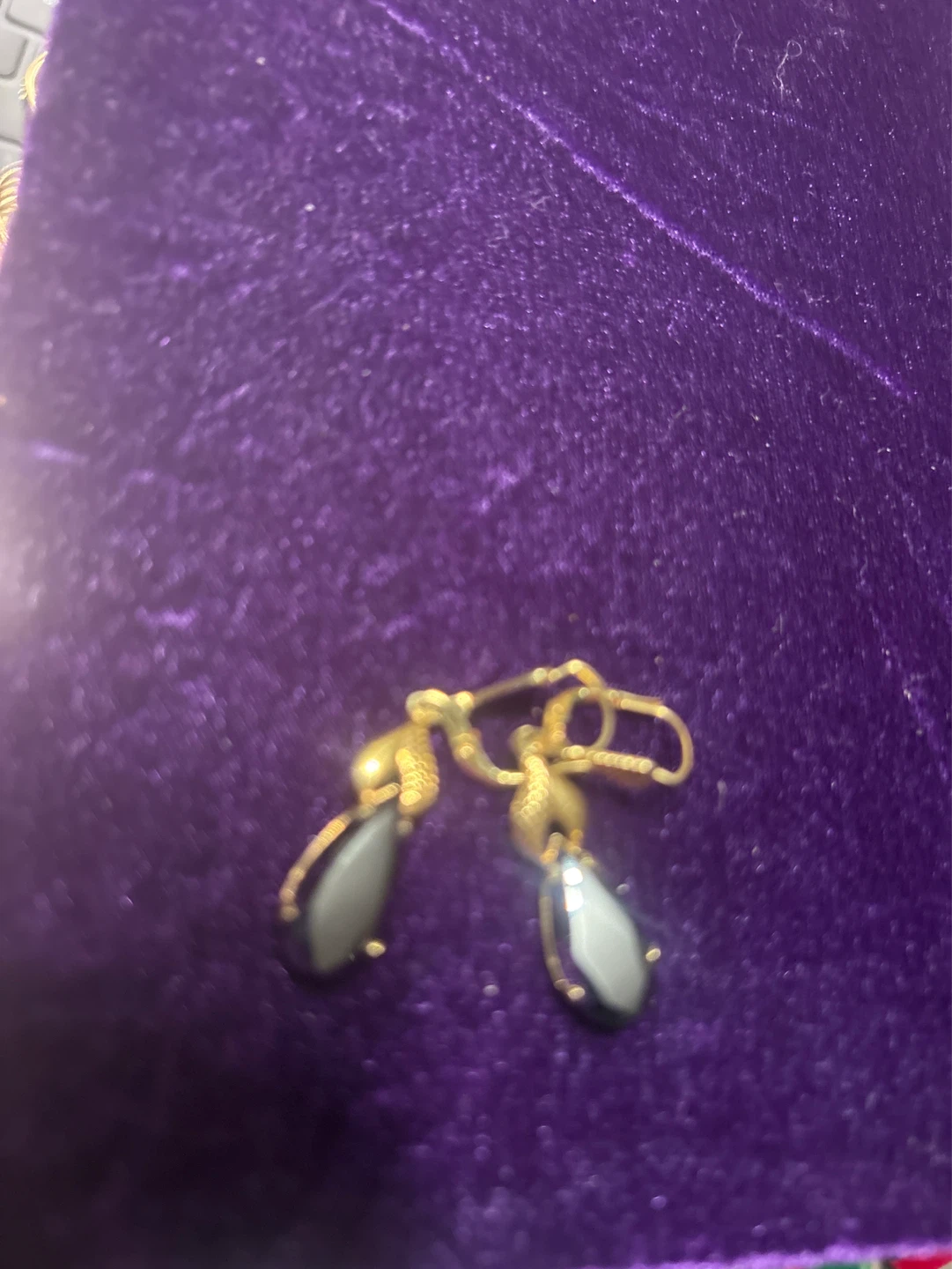 14k Gold Dangle Earrings with Black Stone