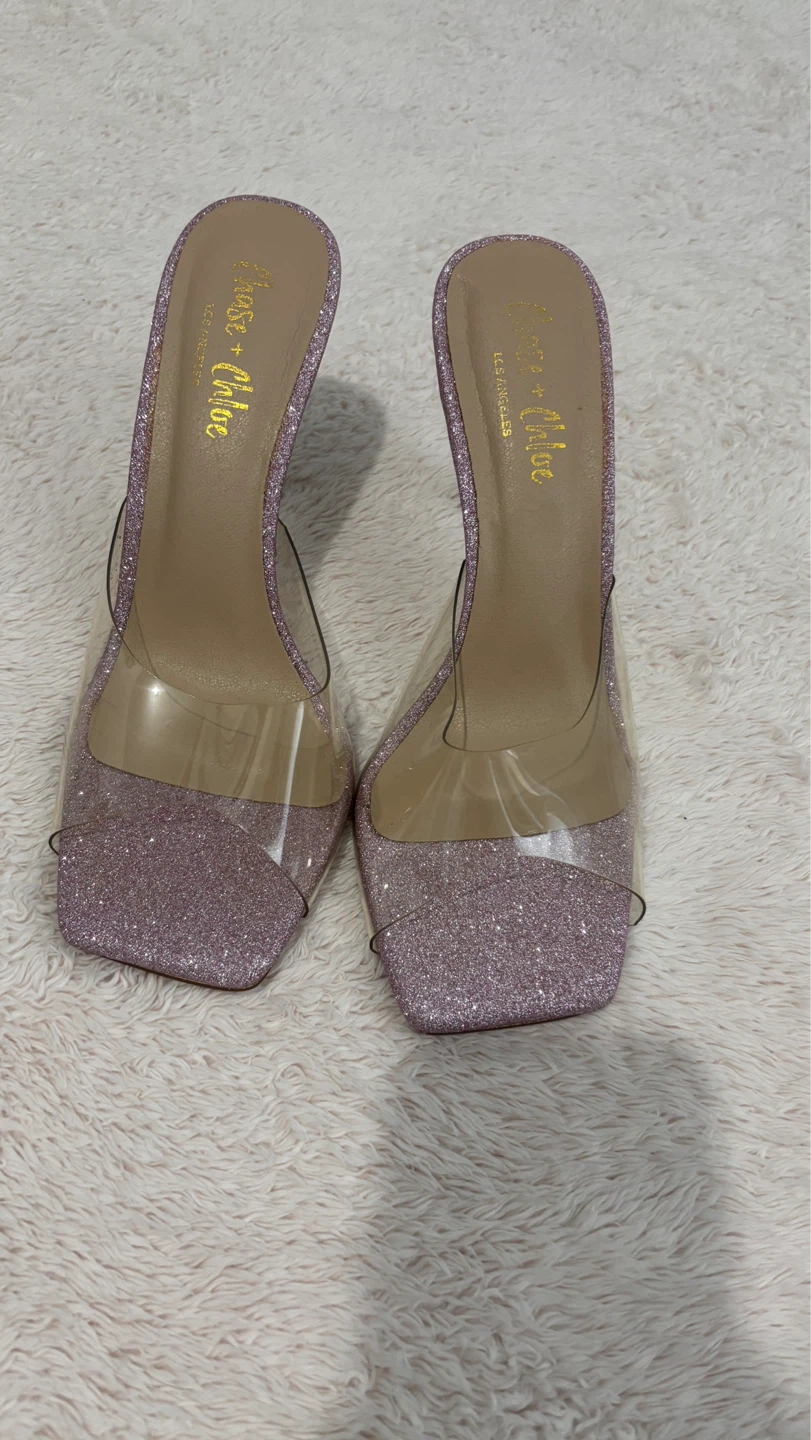 Chase + Chloe Women's Heeled Mules - Pink Glitter Clear