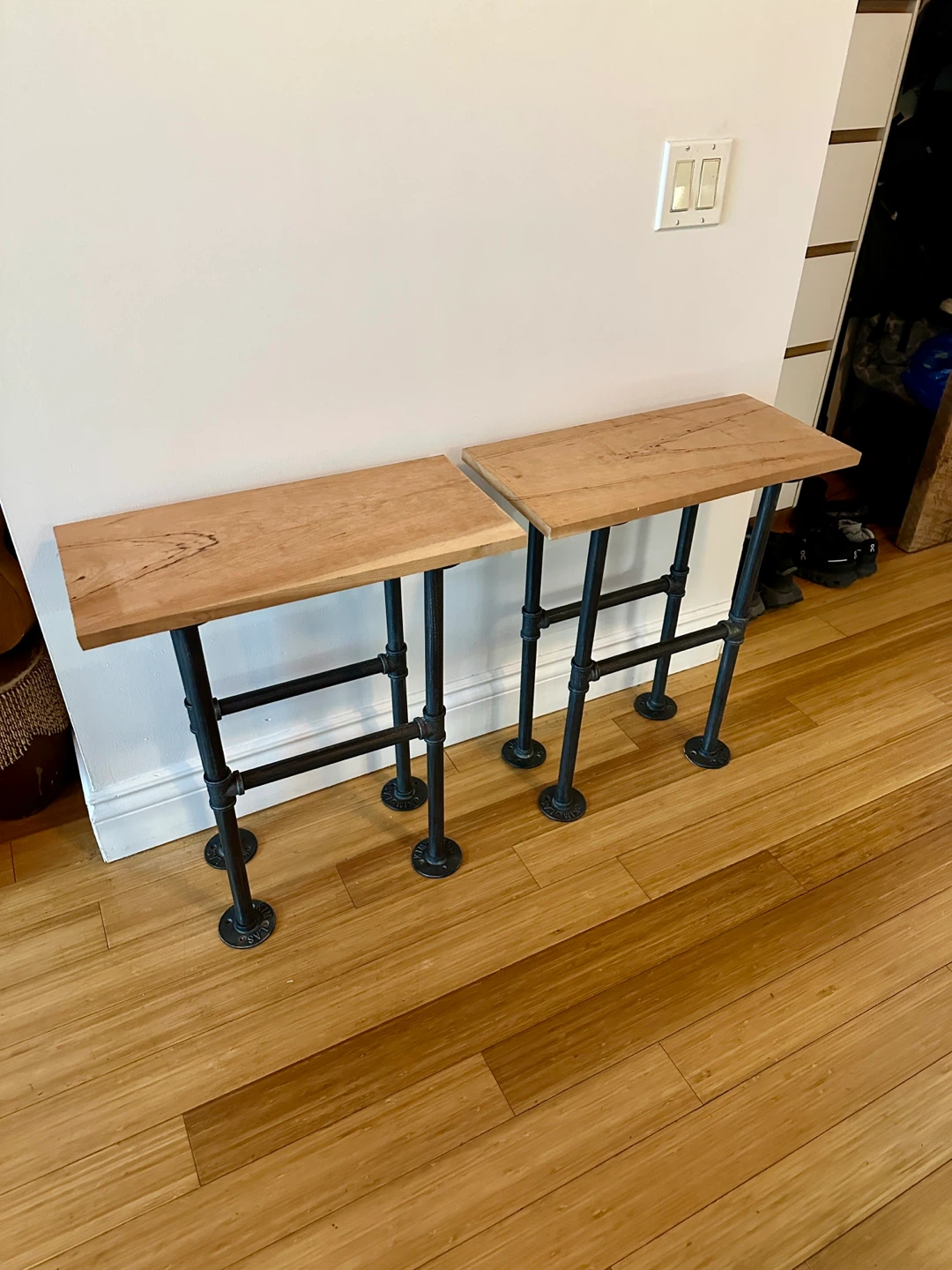 2 VINTAGE NIGHT STAND / SIDE TABLES RECLAIMED WOOD STEEL PIPE