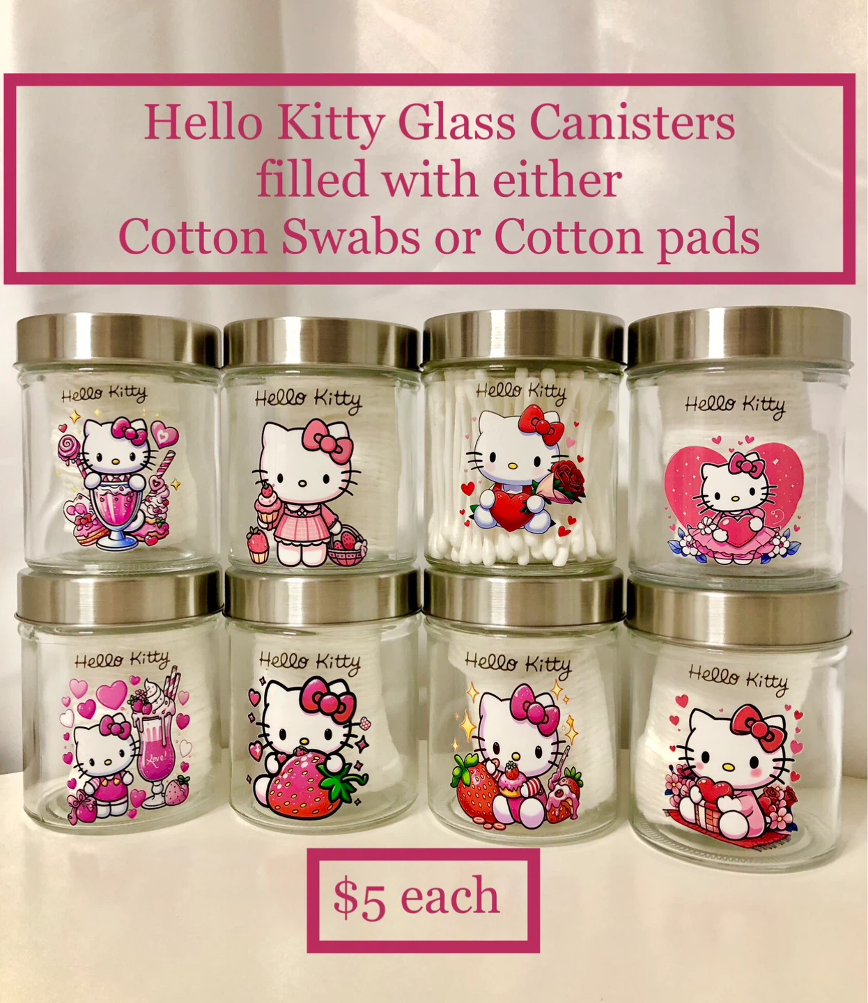 Hello Kitty Glass Canisters - Cotton Swabs or Pads