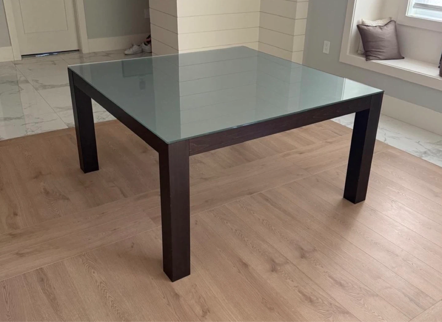 Square Glass Top Dining Table with Dark Wood Base - photo 3