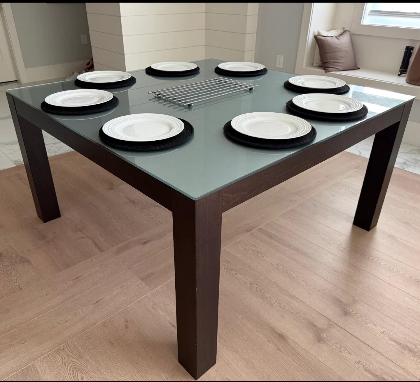 Square Glass Top Dining Table with Dark Wood Base