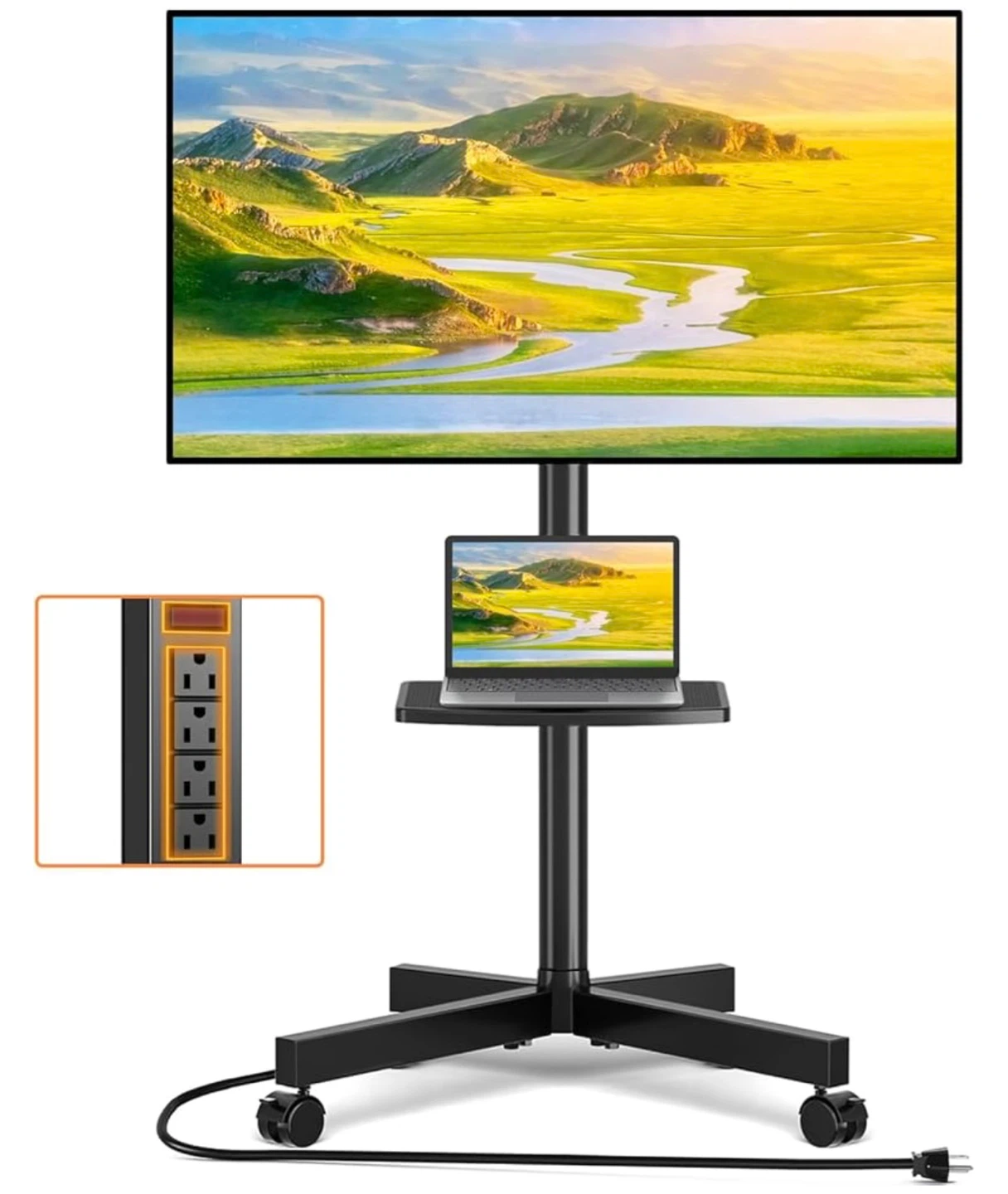 Rolling TV Cart with Laptop Stand and Power Strip
