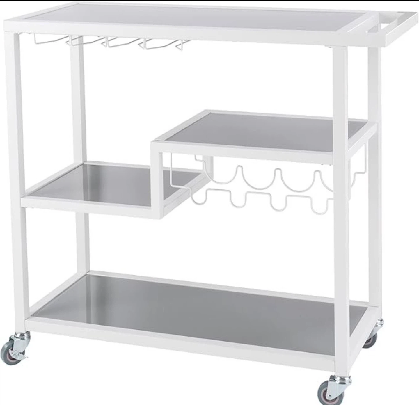 White Bar Cart with Wine Rack and Glass Holders