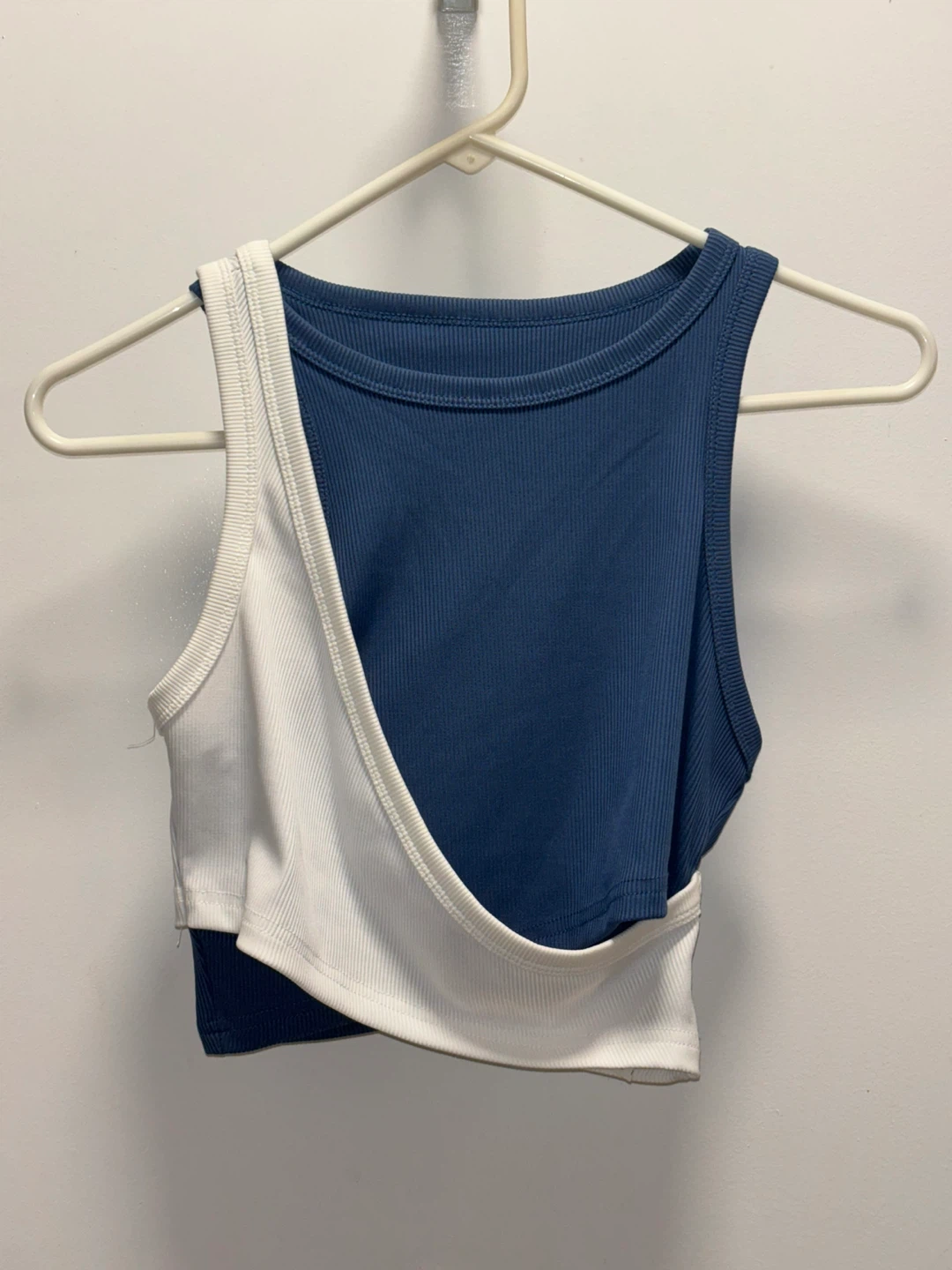 SHEIN Blue & White Two-Tone Ribbed Crop Tank Top - Size S
