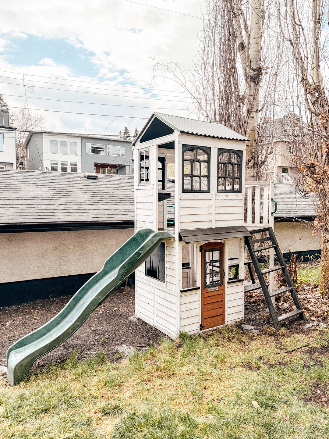 Wooden Outdoor Playhouse with Slide and Ladder