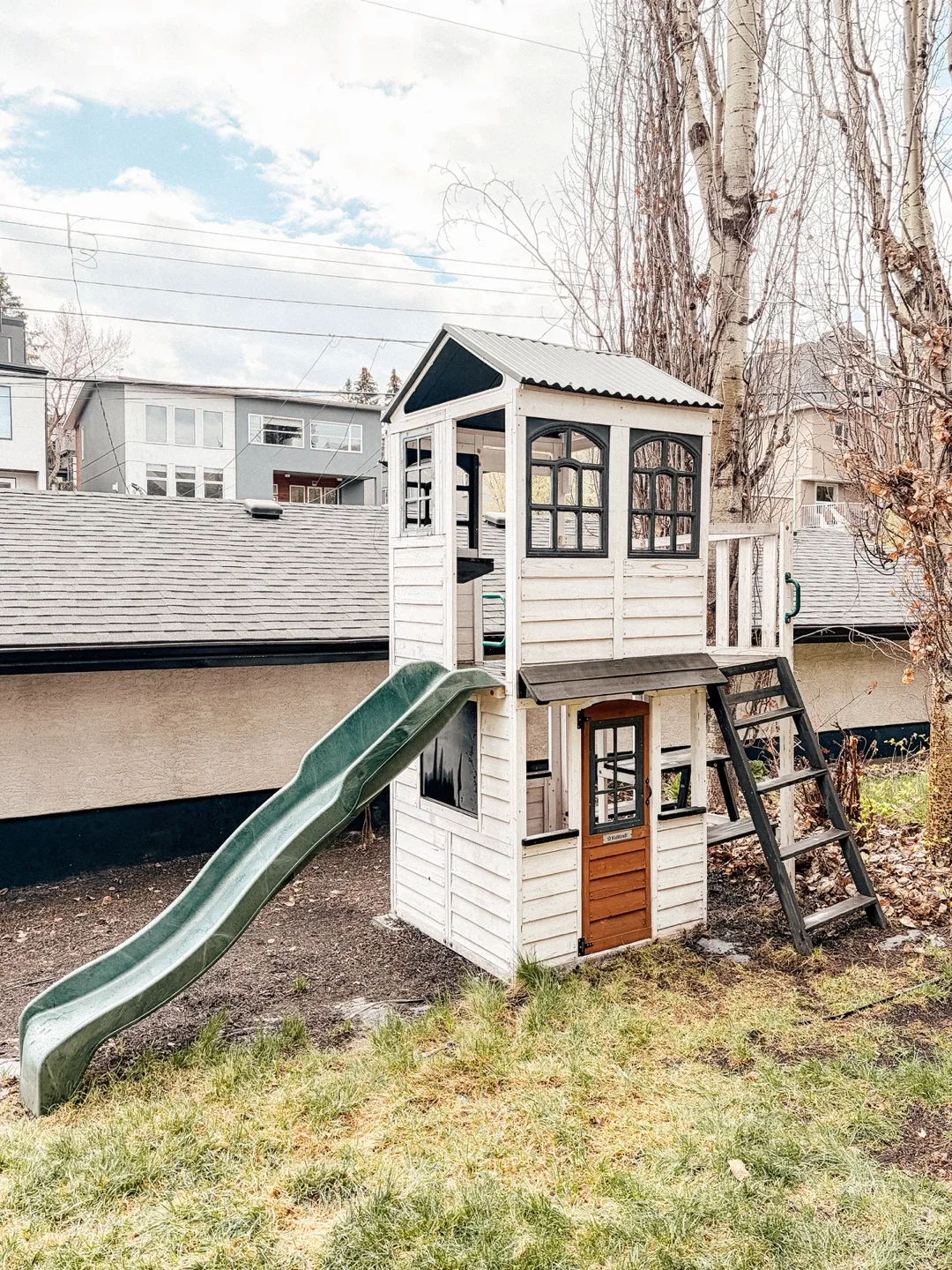 Wooden Outdoor Playhouse with Slide and Ladder