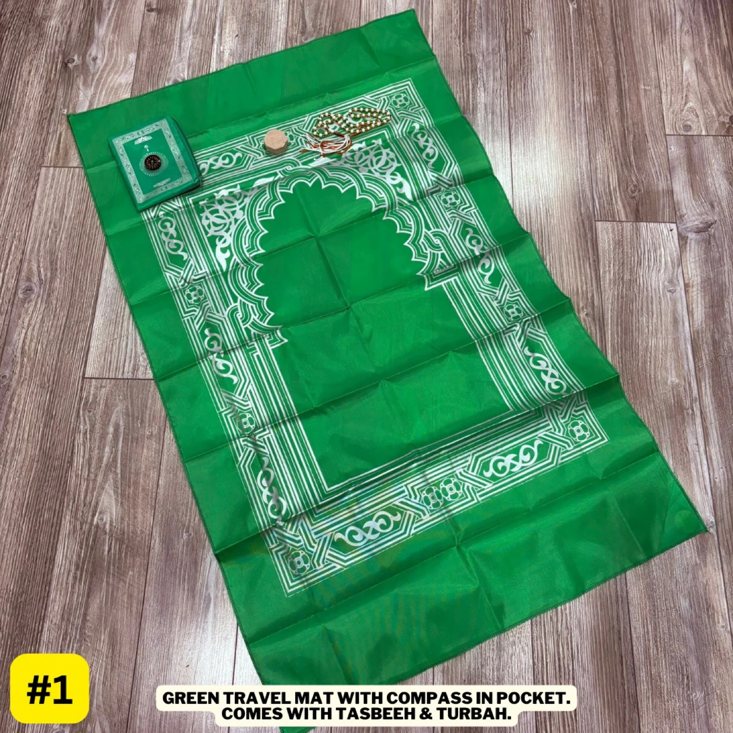 Green Travel Prayer Mat with Tasbeeh and Turbah