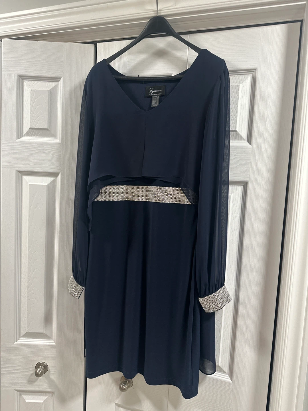 Frank Lyman Navy Chiffon Dress with Rhinestones