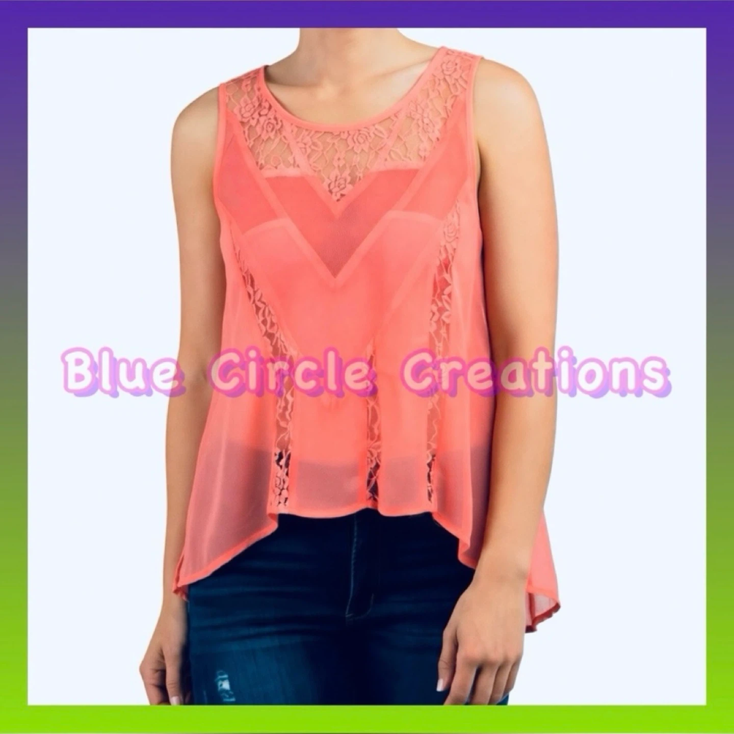 The Clothing Co Hi-Lo Sleeveless Top Coral Sheer Lace NWT Medium
