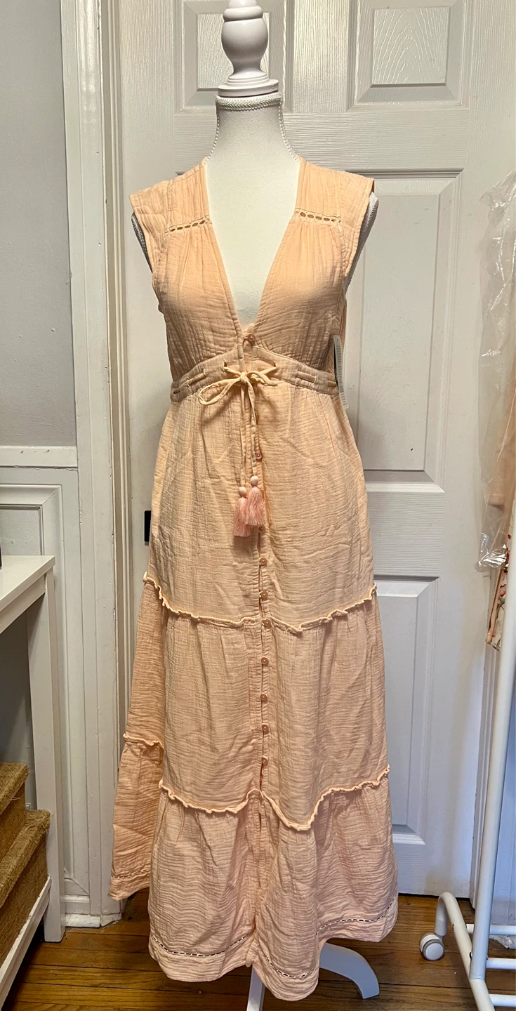 New Peach Tiered Maxi Dress with Tassel Tie