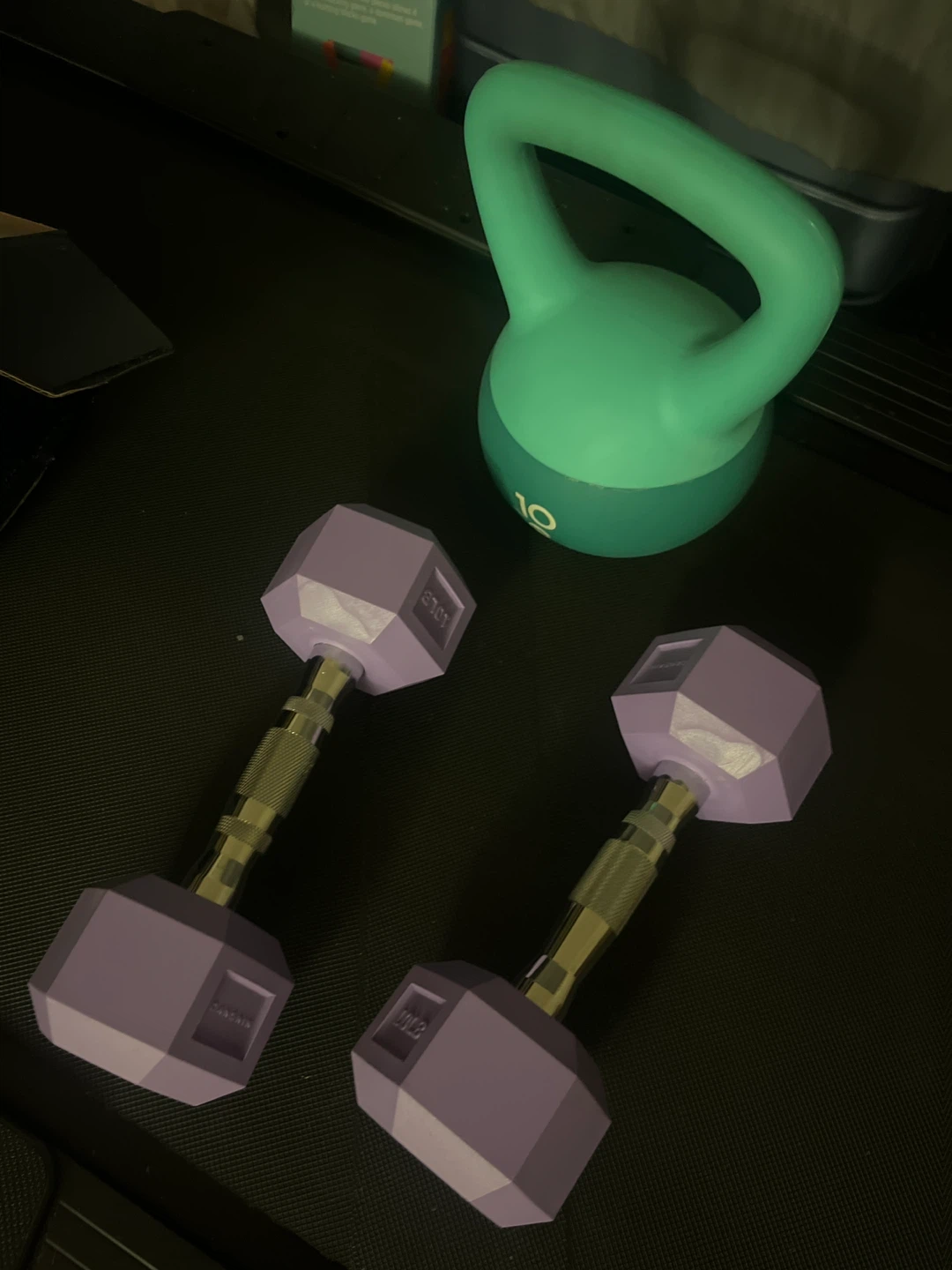 Pair of 10lb Purple Dumbbells and 10lb Green Kettlebell