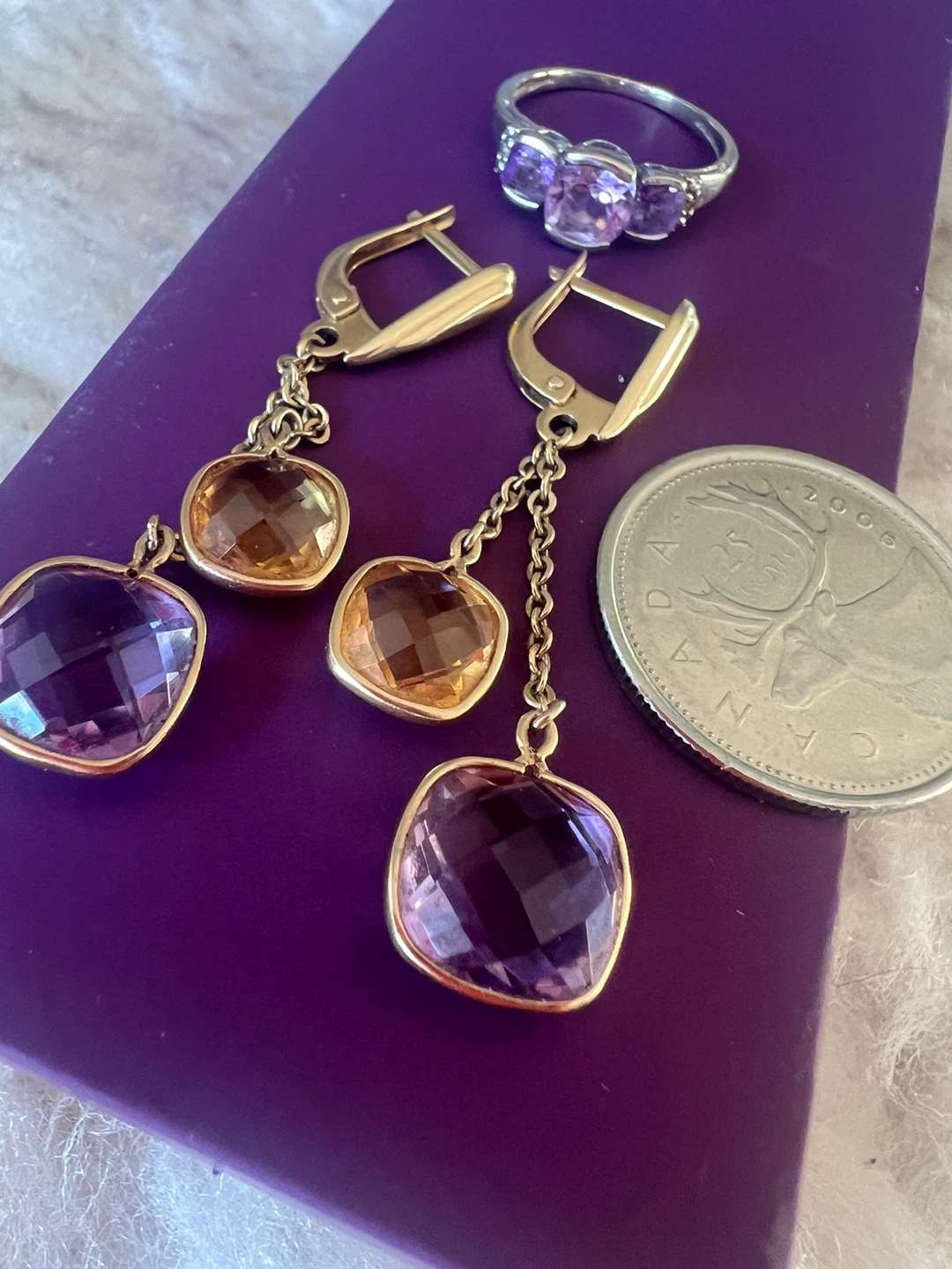 14 k Amethyst and Citrine earrings and 10 k amethyst ring