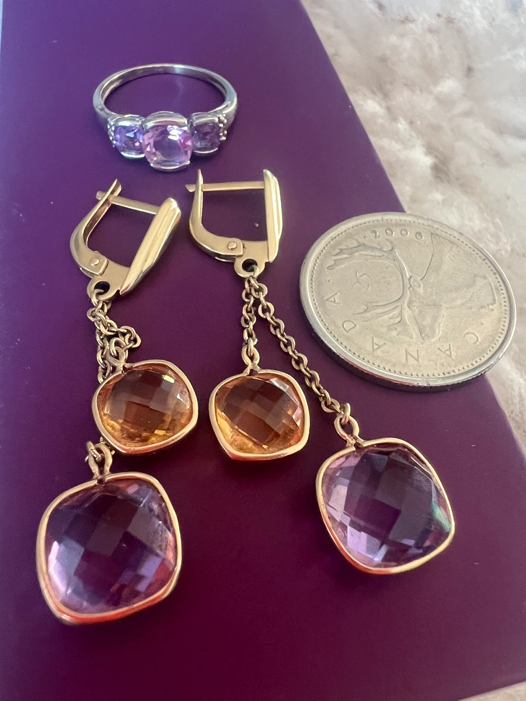 14 k Amethyst and Citrine earrings and 10 k amethyst ring - photo 3