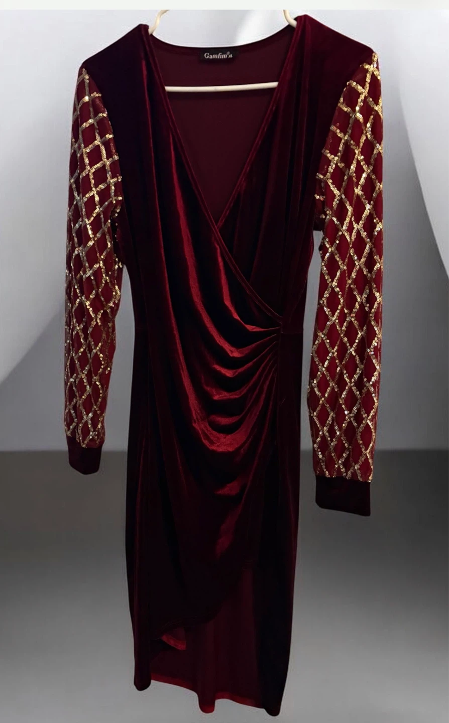 Gamfim Velvet Wrap Dress Burgundy Gold Sleeve XL - photo 2
