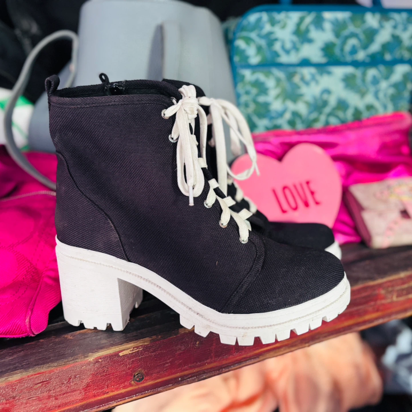 Black Lace-Up Heeled Combat Boots
