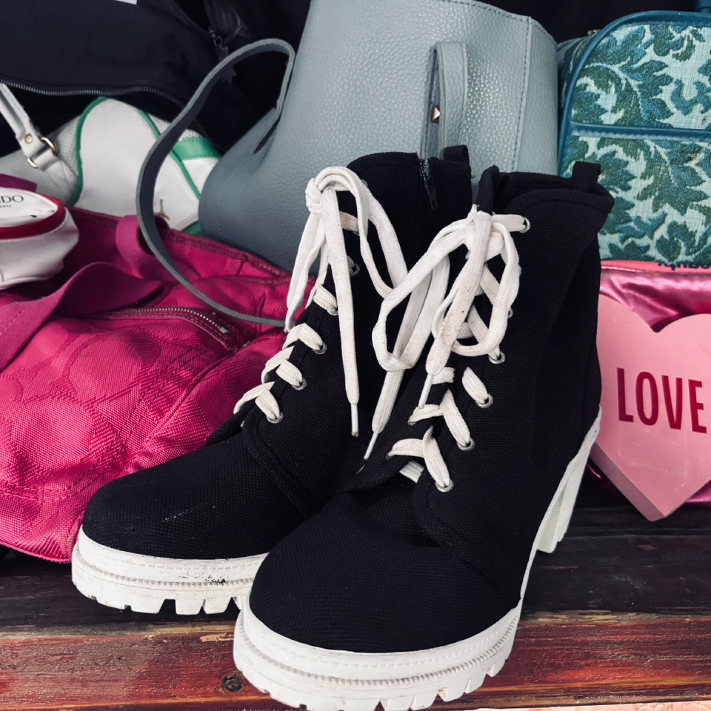 Black Lace-Up Heeled Combat Boots - photo 2