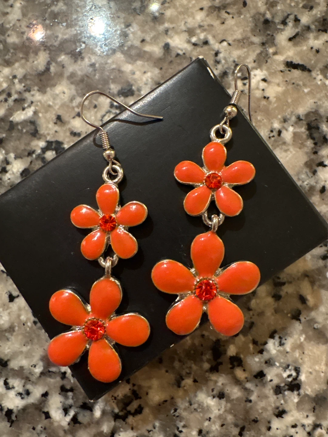 Orange Flower Dangle Earrings with Red Gems - photo 3