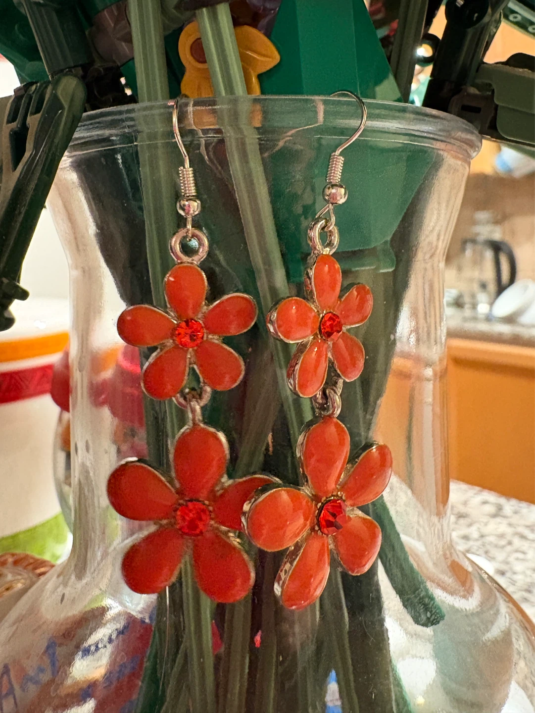 Orange Flower Dangle Earrings with Red Gems - photo 5